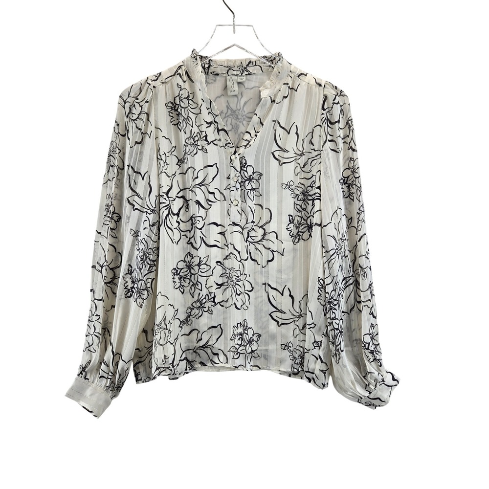 Joie Floral Metallic Stripe Ruffle Blouse White Black Long Sleeve XS Romantic